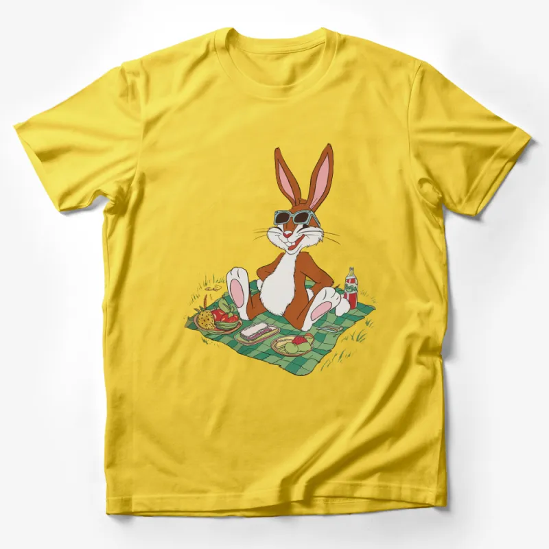 Cool Rabbit Graphic T-Shirt, Vintage Cartoon Bunny With Sunglasses, Picnic Themed Casual Tee Male T-Shirt