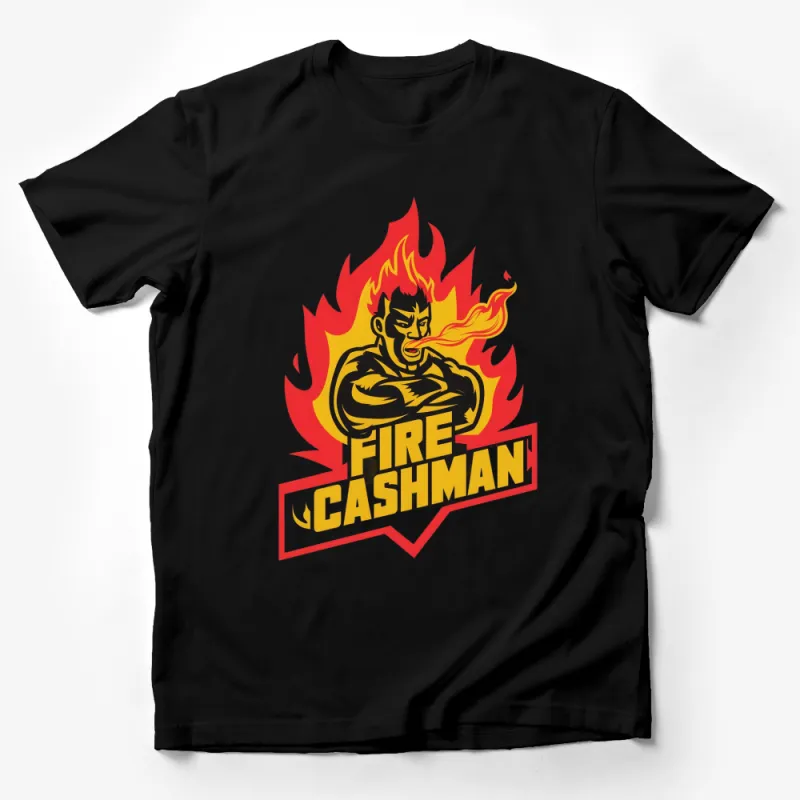 Fire Cashman Bold Graphic T-Shirt, Flaming Hero Design, Unique Red and Yellow Tee, Gift for Superhero Fans Male T-Shirt