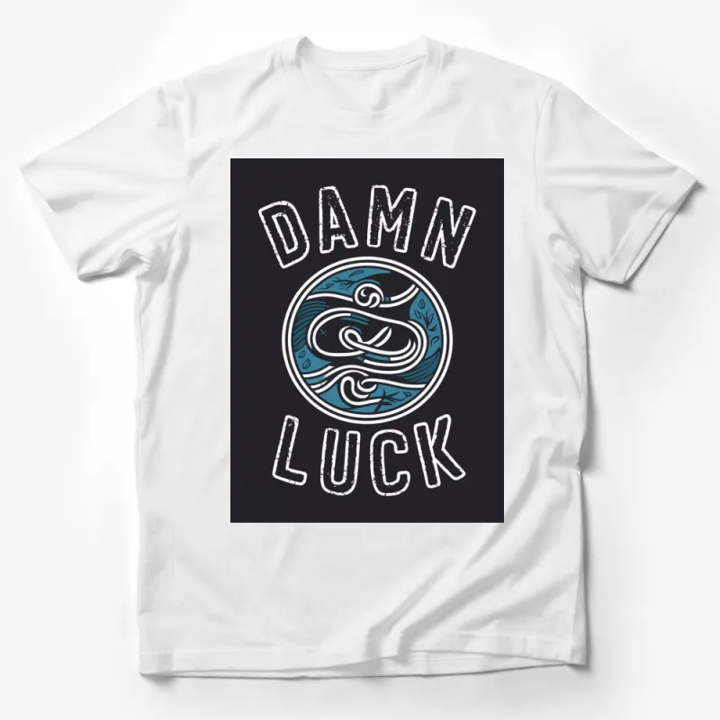 Damn Luck Bold Lettering Graphic T-Shirt, Cool Surf Wave Design, Unisex Tee in Black Male T-Shirt