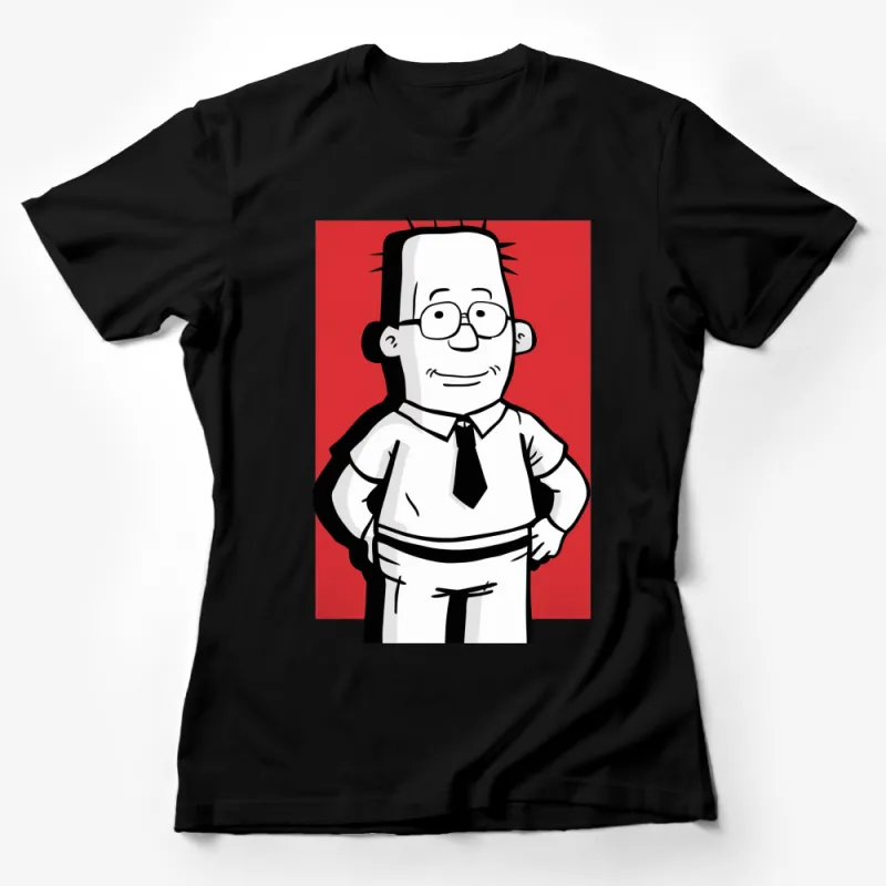 Cartoon Businessman T-Shirt, Quirky Office Worker Graphic Tee, Nerd Character with Glasses and Tie Female T-Shirt