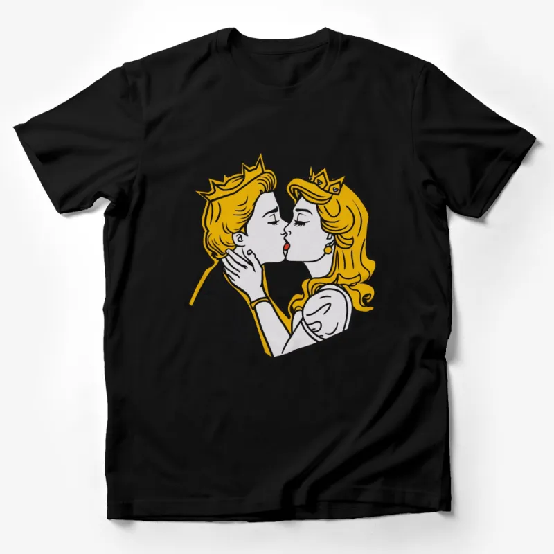 Cartoon Princess Kiss Graphic T-Shirt, Vintage Comic Style Royal Love Tee, Unique Couple Gift Male T-Shirt