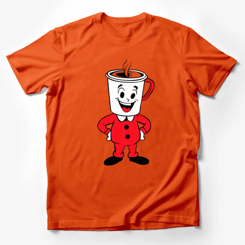 Smiling Coffee Cup Cartoon Character T-Shirt, Fun Coffee Lover Gift, Red and White Unisex Tee Male T-Shirt