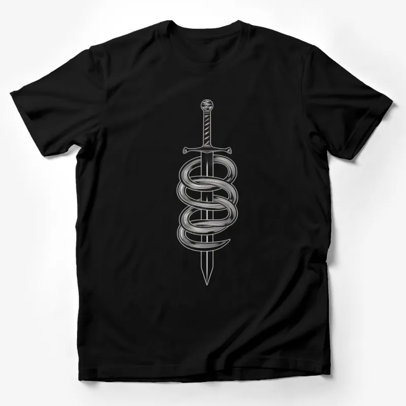 Stylish Sword Entwined by Serpent Graphic T-Shirt, Unique Monochrome Design, Unisex Tee Male T-Shirt