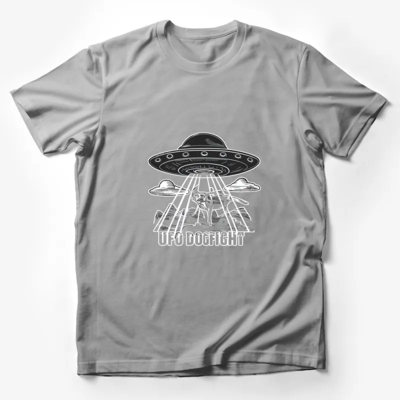 UFO Dogfight Graphic T-Shirt, Alien Spaceship and Dog, Unisex Black and White Tee, Sci-Fi Clothing for All Ages Male T-Shirt