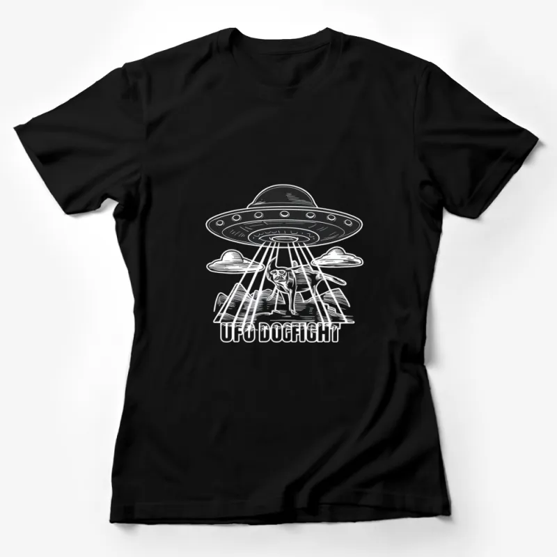 UFO Dogfight Graphic T-Shirt, Alien Spaceship and Dog, Unisex Black and White Tee, Sci-Fi Clothing for All Ages Female T-Shirt