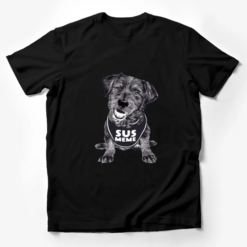 Cute Black Dog T-Shirt with Funny SUS MEME Text, Trendy Graphic Tee for Pet Lovers, Casual Dog Lover Gift Male T-Shirt