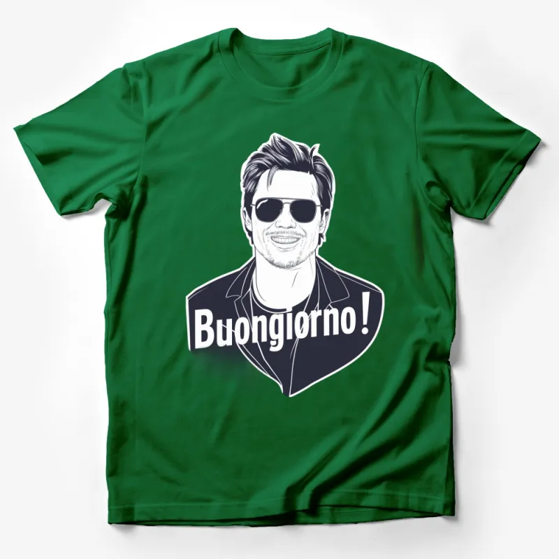 Buongiorno Text Graphic T-Shirt, Stylish Man with Sunglasses, Trendy Black and White Fashion Top Male T-Shirt