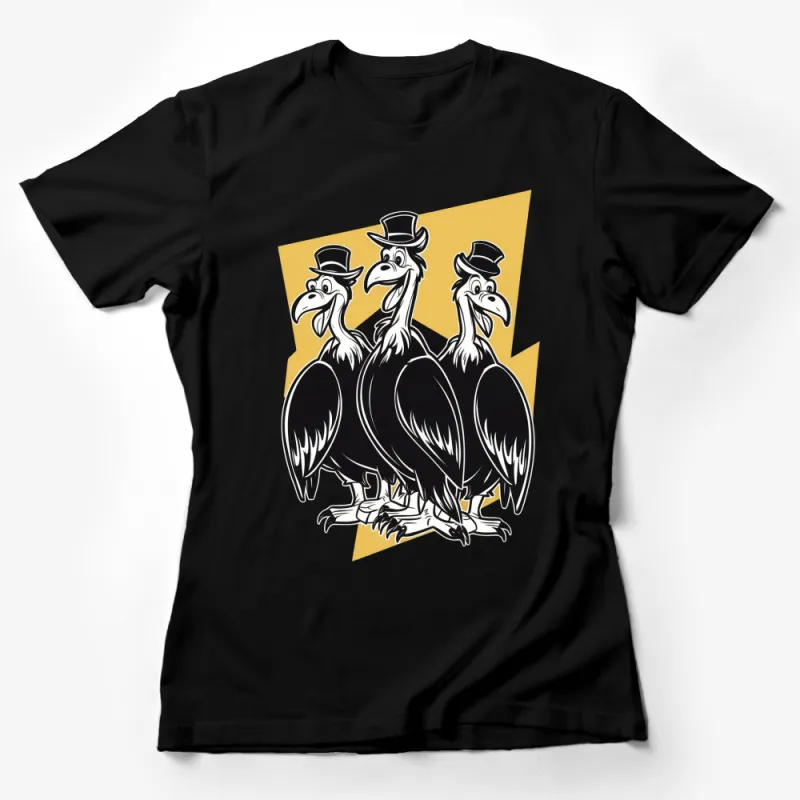 Unique Vulture Trio in Top Hats Graphic T-Shirt, Cool Bird Cartoon Illustration, Unisex Tee Female T-Shirt