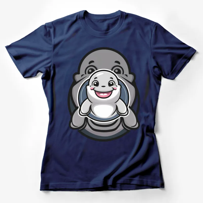 Cute Manatee Family Cartoon T-Shirt, Grey Seal Design, Kids and Adults Casual Wear Female T-Shirt