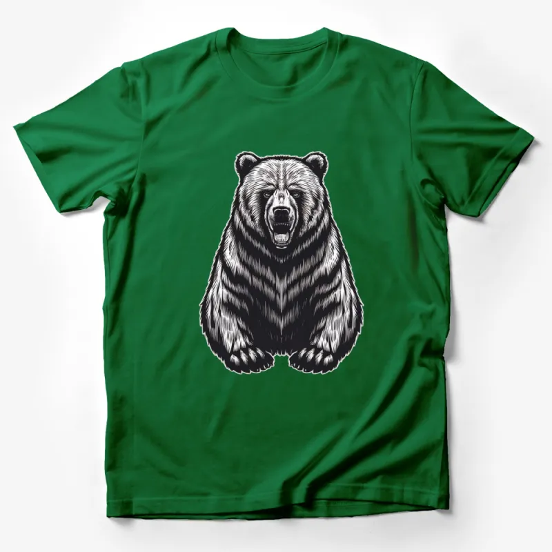 Men's Black T-Shirt with Large Grizzly Bear Print, Unique Wildlife Graphic Tee, Front Design Male T-Shirt