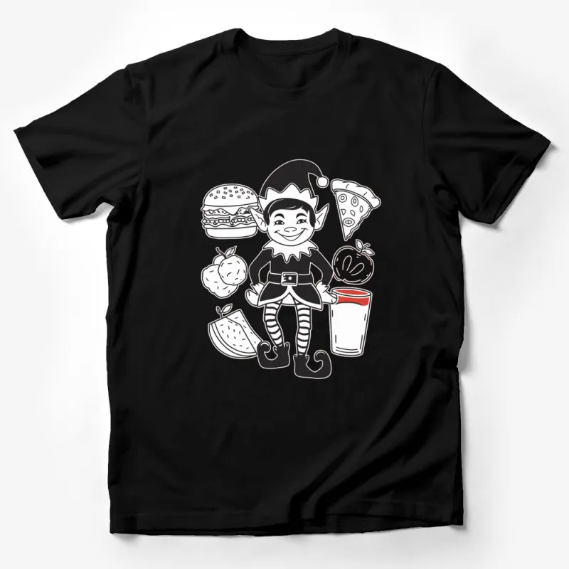 Whimsical Elf Graphic T-Shirt, Fun Food and Elf Illustration Tee, Cute Elf Apparel for All Ages Male T-Shirt