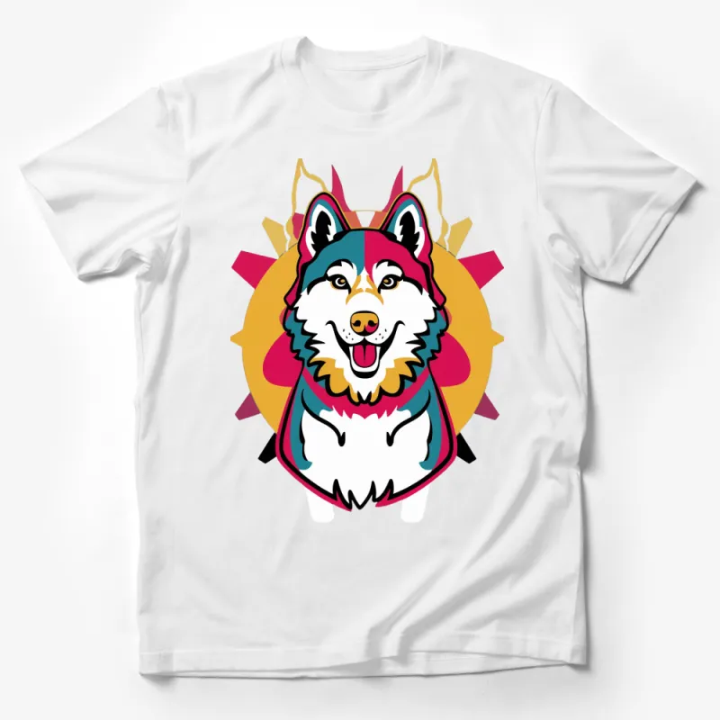 Colorful Husky T-Shirt, Vibrant Tribal Dog Design, Unisex Graphic Tee, Animal Lover Gift, Casual Wear, Sun Emblem Male T-Shirt