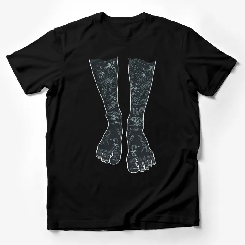 Unisex Black Nature-Inspired Toe Sock Shirt, Detailed Graphic Illustration Tee Male T-Shirt