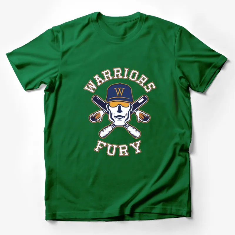 Warriors Fury Skull and Baseball Bats Graphic T-Shirt, Athletic Sports Fan Apparel Male T-Shirt