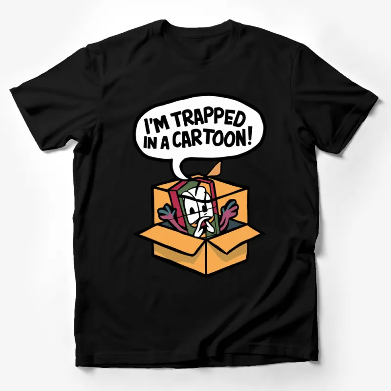 Funny Cartoon Character Trapped in a Box T-Shirt, Unique Graphic Tee, Unisex Adult Clothing Male T-Shirt