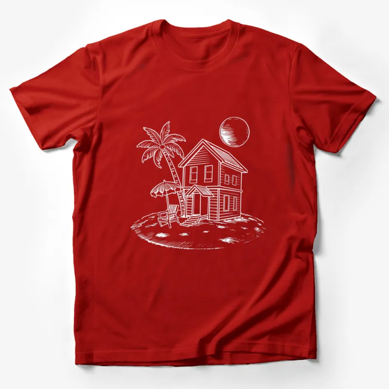 Beach House Sketch T-Shirt, Tropical Palm Villa Illustration, Moonlight Scenery Tee, Unisex Graphic Shirt Male T-Shirt