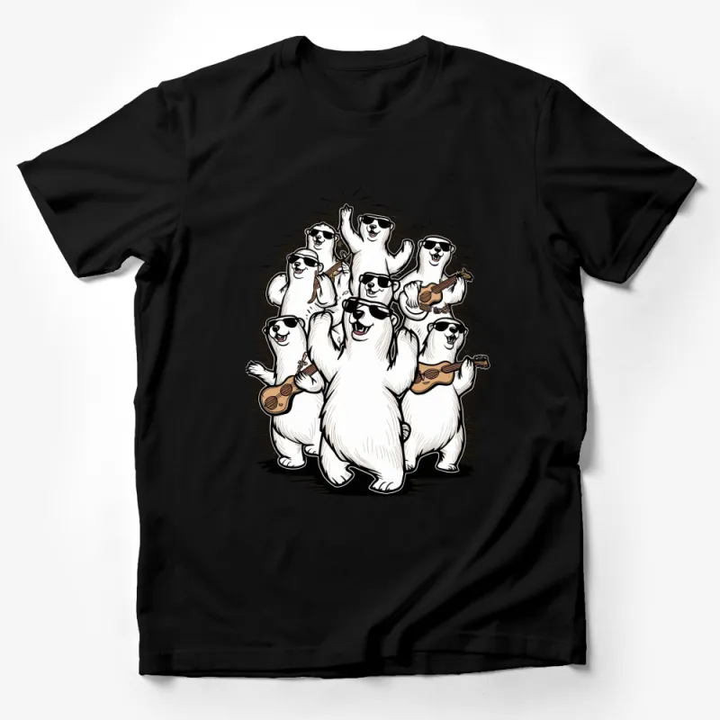 Funky Polar Bear Band T-Shirt, Cartoon Bears with Instruments, Casual Music Tee, Cool Animal Party Shirt for All Ages Male T-Shirt