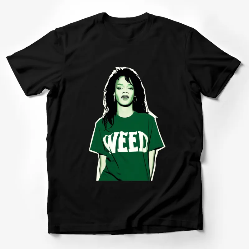 Graphic T-Shirt Featuring Iconic Woman in Green, Bold Weed Lettering, Trendy Urban Style Tee Male T-Shirt