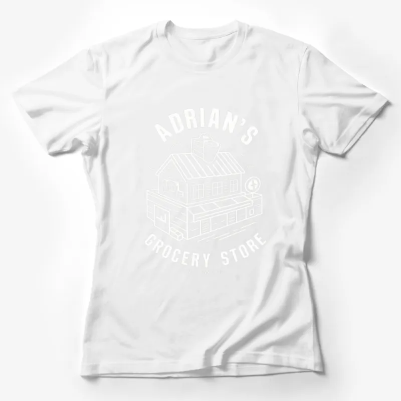 Adrian's Grocery Store Graphic T-Shirt, White on Black Design, Vintage Style Shop Tee Female T-Shirt