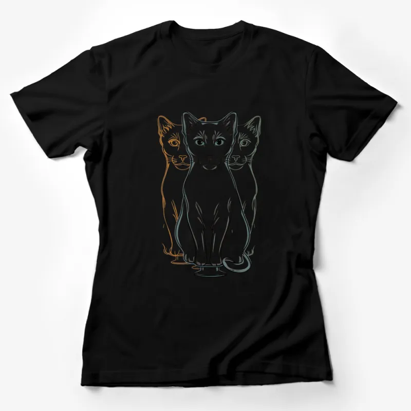 Colorful Line Art Cats T-Shirt, Whimsical Feline Design, Soft Cotton Shirt, Cat Lovers Apparel Female T-Shirt