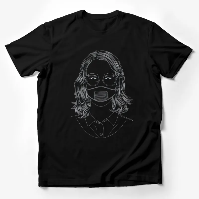 Sketch Printed T-Shirt, Woman Wearing Glasses and Face Mask, Stylish Line Art Tee, Casual and Modern Fashion Top Male T-Shirt