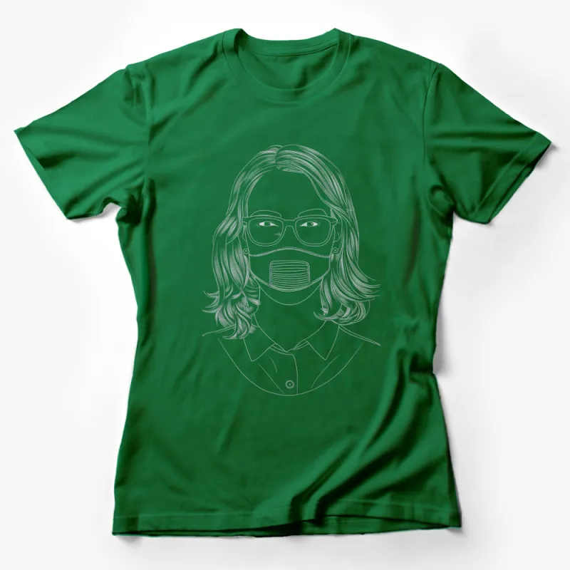 Sketch Printed T-Shirt, Woman Wearing Glasses and Face Mask, Stylish Line Art Tee, Casual and Modern Fashion Top Female T-Shirt