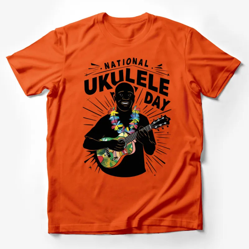 National Ukulele Day T-Shirt, Fun Music Theme Shirt, Tropical Lei Graphic Tee Male T-Shirt