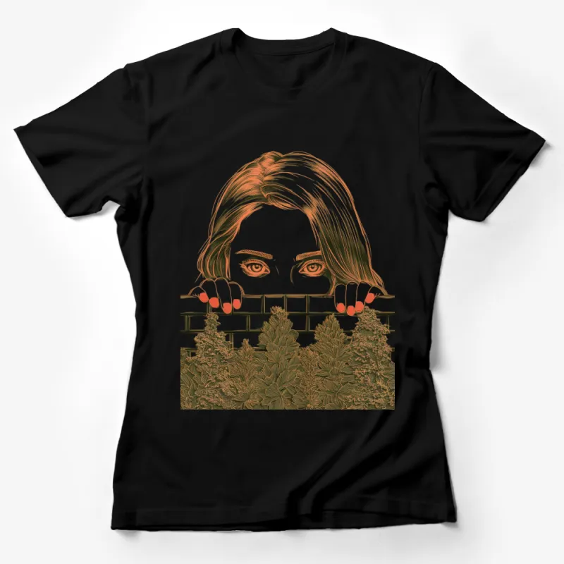 Women's Artistic Face Graphic T-Shirt, Green Forest Eyes Illustration Tee, Unique Fashion Top Female T-Shirt