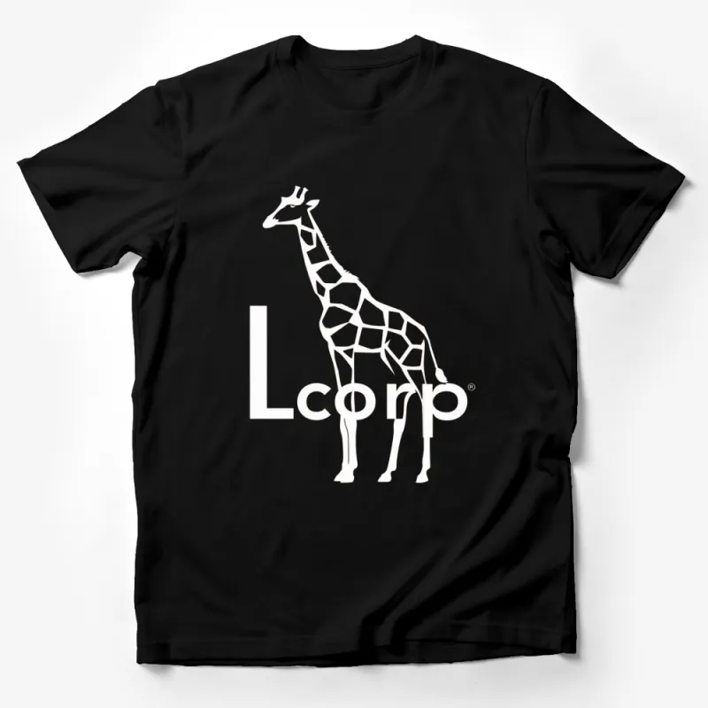 Black T-Shirt with White Giraffe Graphic, Lcorp Logo Design, Unisex Adult Clothing, Trendy Animal Tee Male T-Shirt