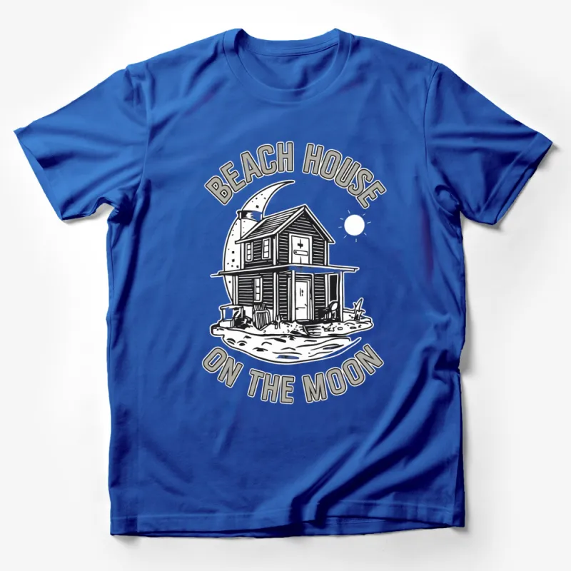 Beach House on the Moon T-Shirt, Unique Lunar Home Graphic Tee, Moonlight Coastal Design, Casual Wear Male T-Shirt