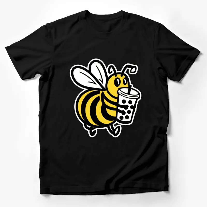 Cute Bee Drinking Boba Tea Graphic T-Shirt, Fun Yellow Black Bubble Tea Lover Tee, Unique Casual Wear Male T-Shirt