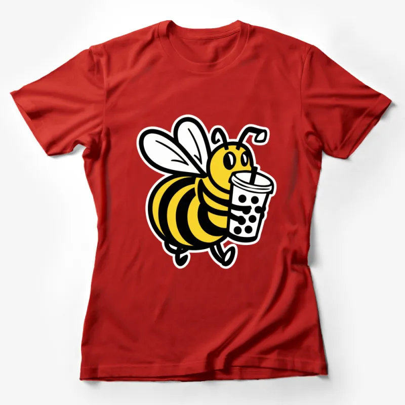 Cute Bee Drinking Boba Tea Graphic T-Shirt, Fun Yellow Black Bubble Tea Lover Tee, Unique Casual Wear Female T-Shirt