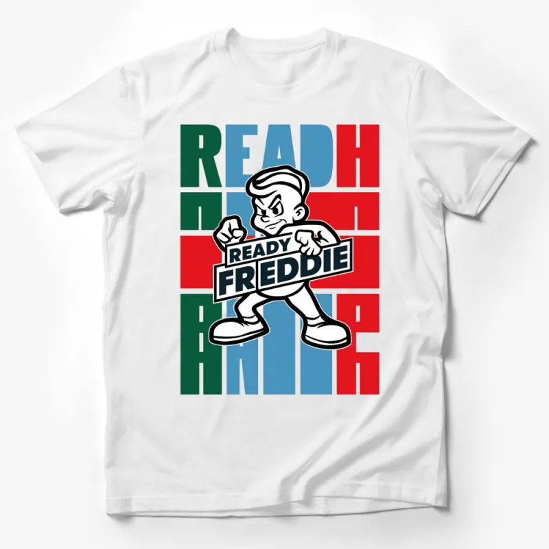 Retro Comic Style Ready Freddie Graphic T-Shirt, Colorful Vintage Design, Casual Wear Male T-Shirt