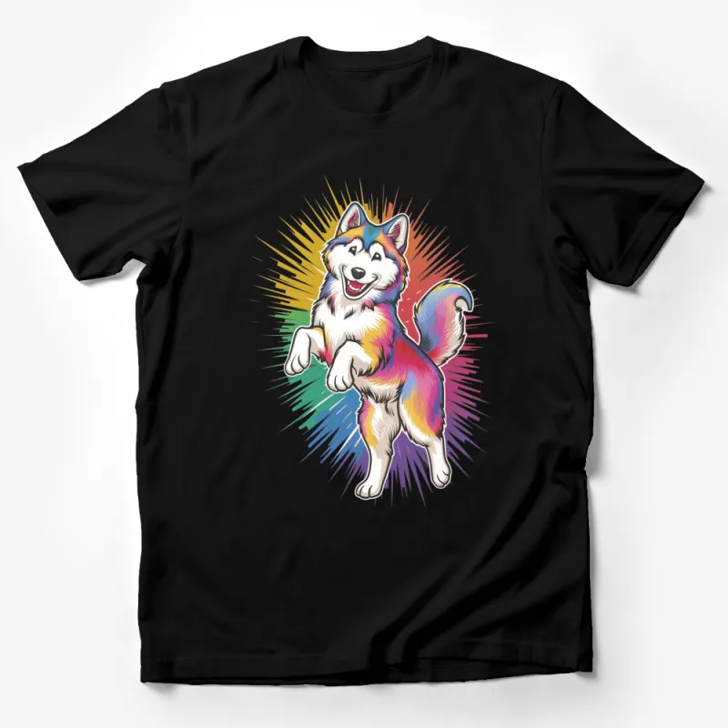 Colorful Husky T-Shirt, Vibrant Dog Lover Tee, Rainbow Animal Graphic, Unisex Fashion Top Male T-Shirt