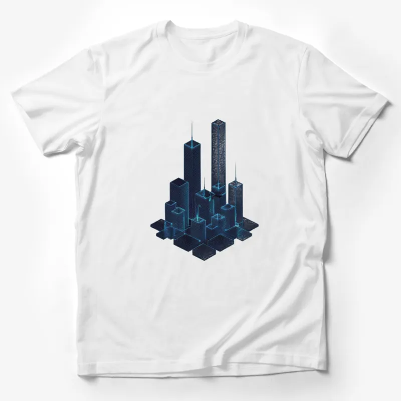 Geometric Cityscape 3D Print T-Shirt, Blue Urban Skyline Graphic Tee, Modern Architecture Design Top Male T-Shirt