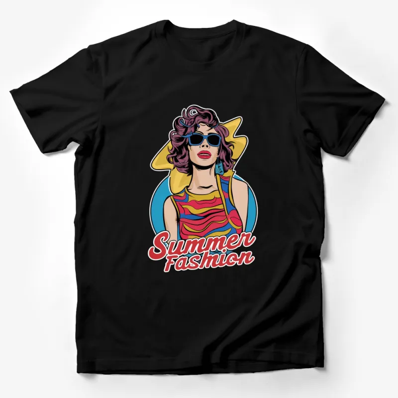 Stylish Summer Fashion T-Shirt, Retro Woman Illustration, Colorful Casual Top Male T-Shirt