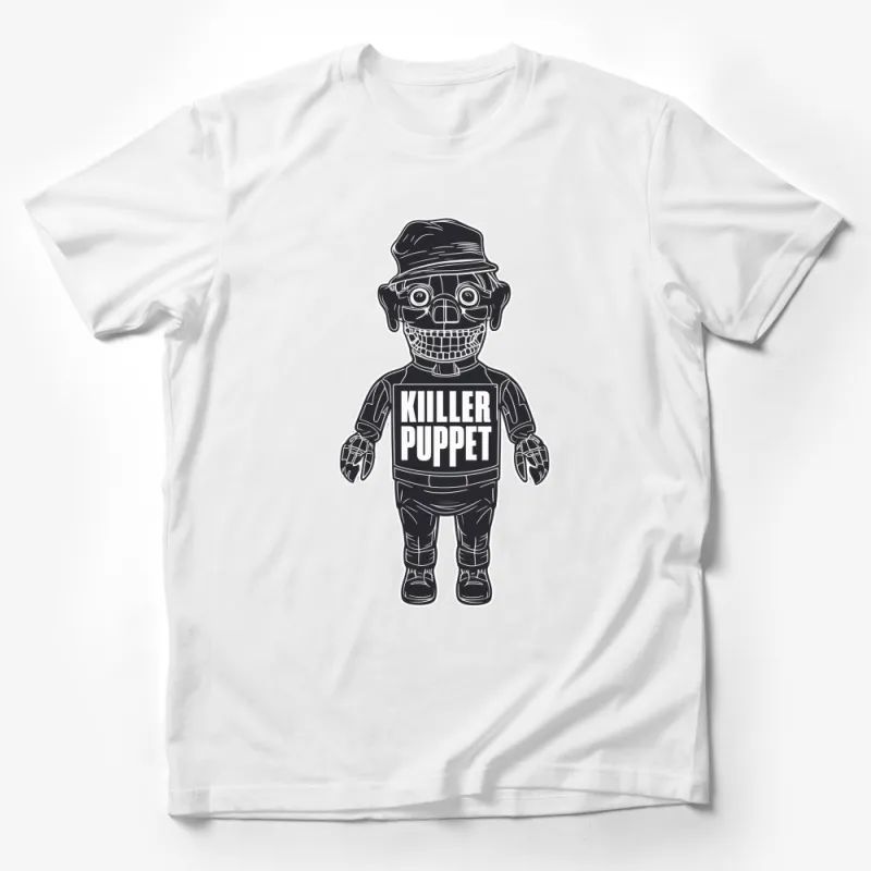 Killer Puppet Graphic T-Shirt, Unique Horror Character Tee, Unisex Black and White Shirt Design Male T-Shirt