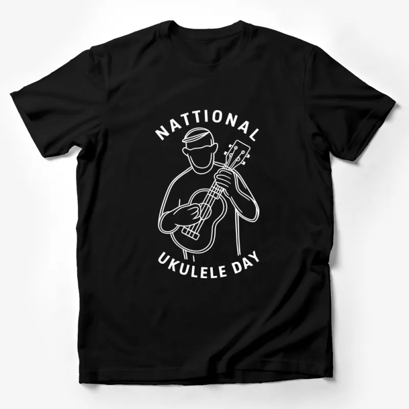 National Ukulele Day T-Shirt, Minimalist White Line Art on Black Tee, Music Lover Gift Idea Male T-Shirt