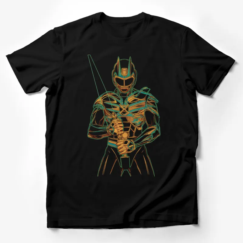 Futuristic Warrior Graphic T-Shirt, Neon Green Line Art, Modern Hero Tee, Unique Fashion Apparel Male T-Shirt