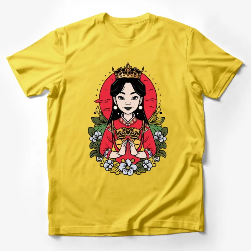 Women's Graphic T-Shirt, Asian Princess Illustration, Vintage Floral Art, Red Background, Unique Fashion Tee Male T-Shirt