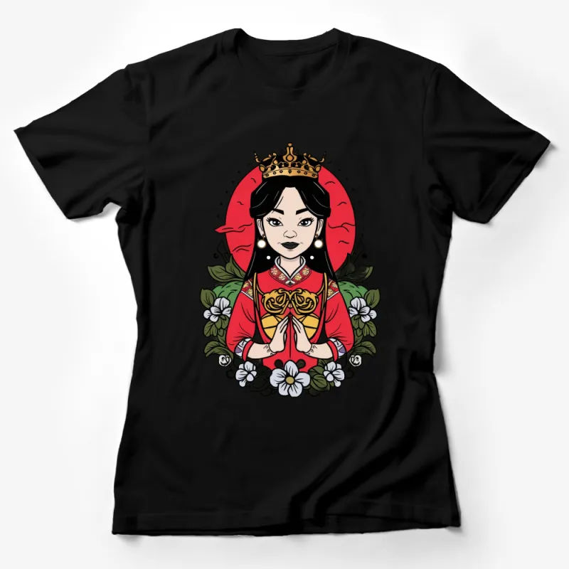 Women's Graphic T-Shirt, Asian Princess Illustration, Vintage Floral Art, Red Background, Unique Fashion Tee Female T-Shirt