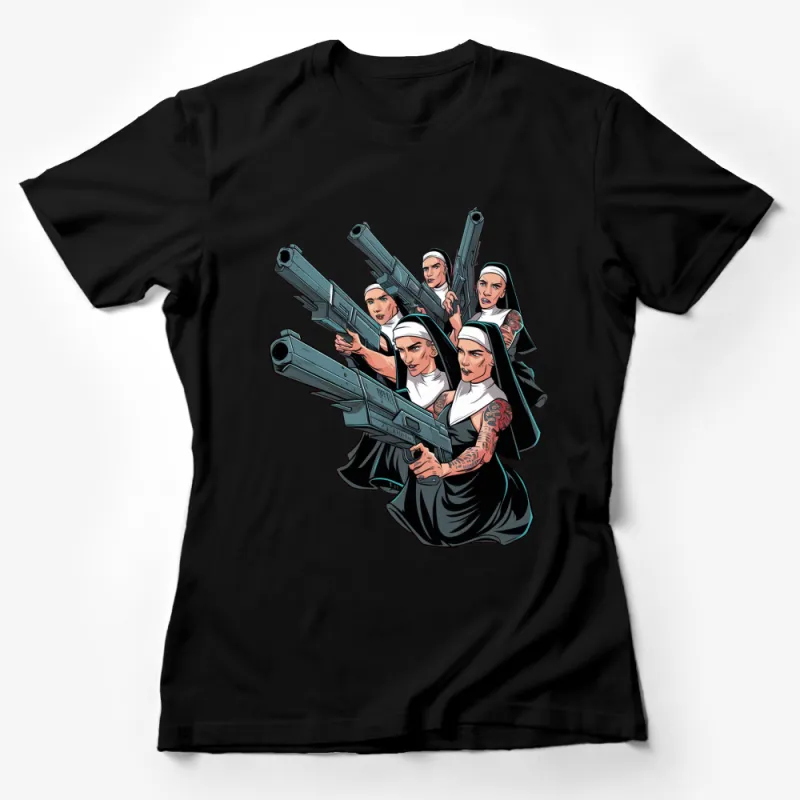 Action Nun Graphic T-Shirt, Badass Nuns with Guns Design, Unique Nun Artwork Tee, Gift for Comic Fans Female T-Shirt