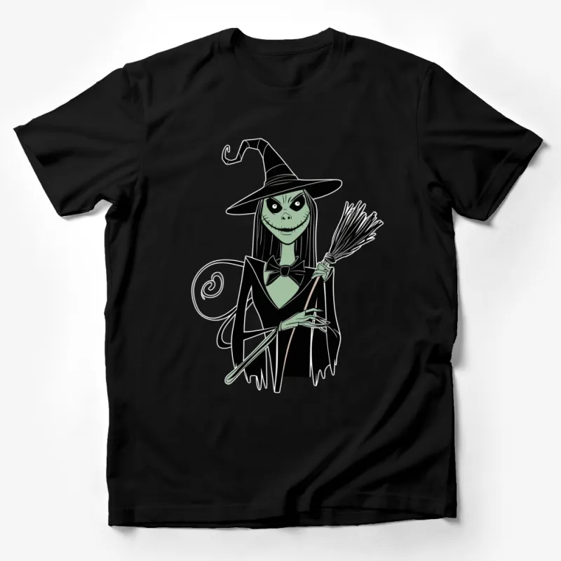 Halloween Witch Cartoon T-Shirt, Spooky Green Witch with Broom, Fun Holiday Apparel for All Ages Male T-Shirt