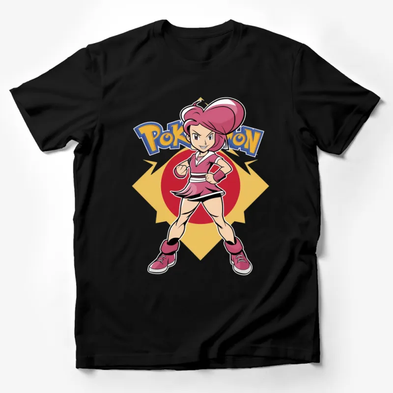 Anime Style Cartoon Girl T-Shirt, Stylish Pink Hair Martial Artist, Graphic Tee for Anime Fans Male T-Shirt