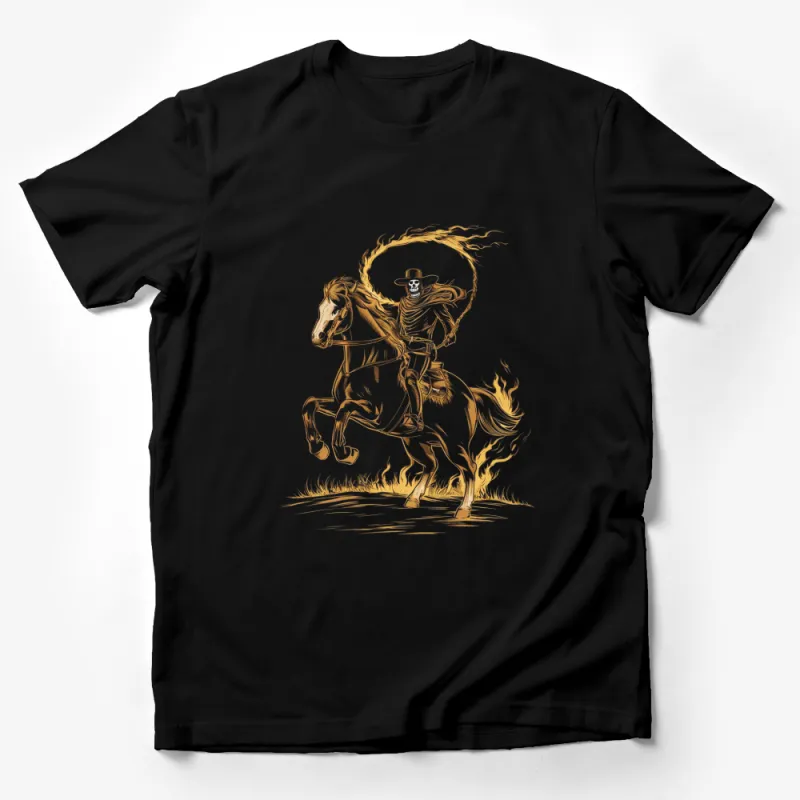 Fiery Horse and Skeleton Cowboy T-Shirt, Unique Western Graphic Tee, Artistic Apparel Male T-Shirt