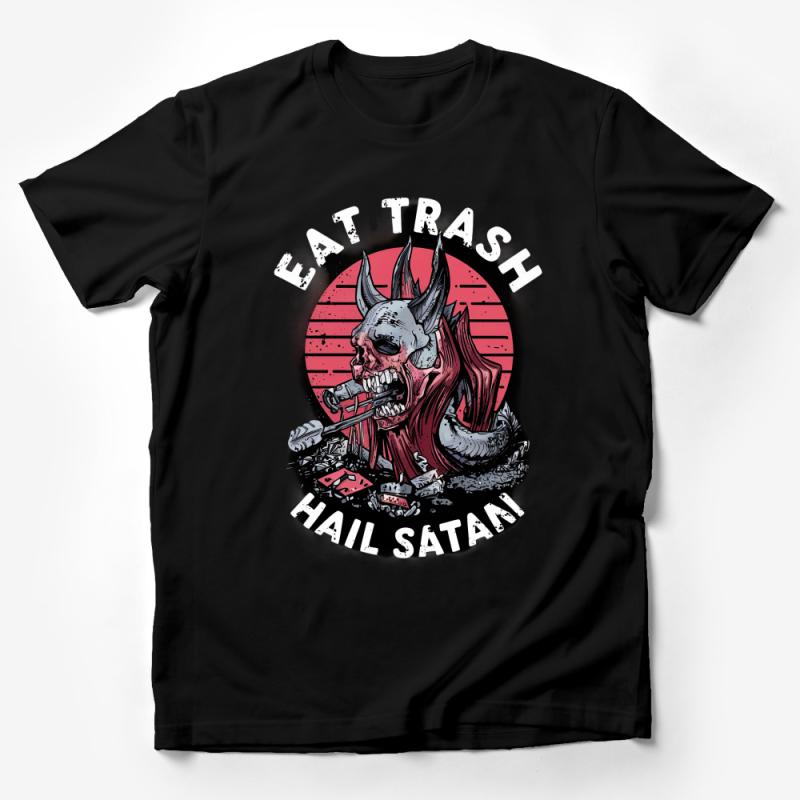 Eat Trash Hail Satan Demon Graphic Tee, Edgy Punk Rock Shirt, Eco-Friendly Gothic T-Shirt, Bold Statement Casual Wear Male T-Shirt