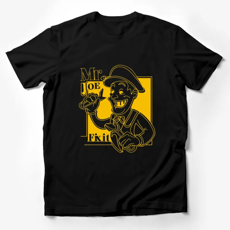 Mr Joe Fixit Vintage Carpenter Comic Art T-Shirt, Handyman Gift, Retro Worker Graphic Tee, Yellow and White Male T-Shirt