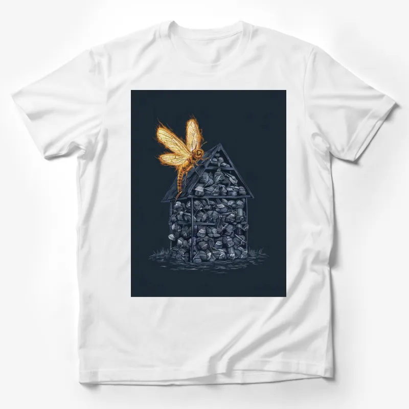 Unique Firefly and Light Bulb House Graphic T-Shirt, Nature Inspired Artistic Tee, Unisex Black Shirt Male T-Shirt