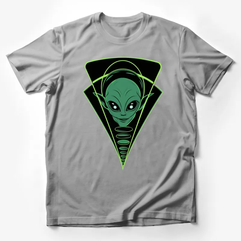 Alien Face Graphic T-Shirt, Neon Green UFO Head, Extraterrestrial Design, Sci-Fi Alien Apparel, Unisex Adult Clothing Male T-Shirt