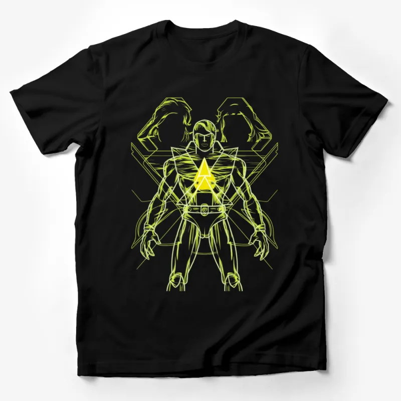 Futuristic Warrior Graphic T-Shirt, Neon Yellow Line Art, Cool Sci-Fi Hero Tee, Unique Illustration Apparel Male T-Shirt